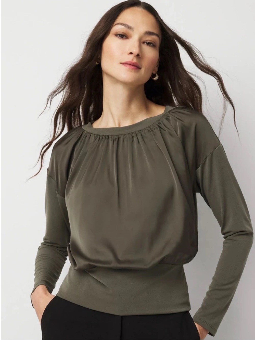 WHBM Knit Mix Satin Top Women’s SZ XL in Vineyard Olive Green